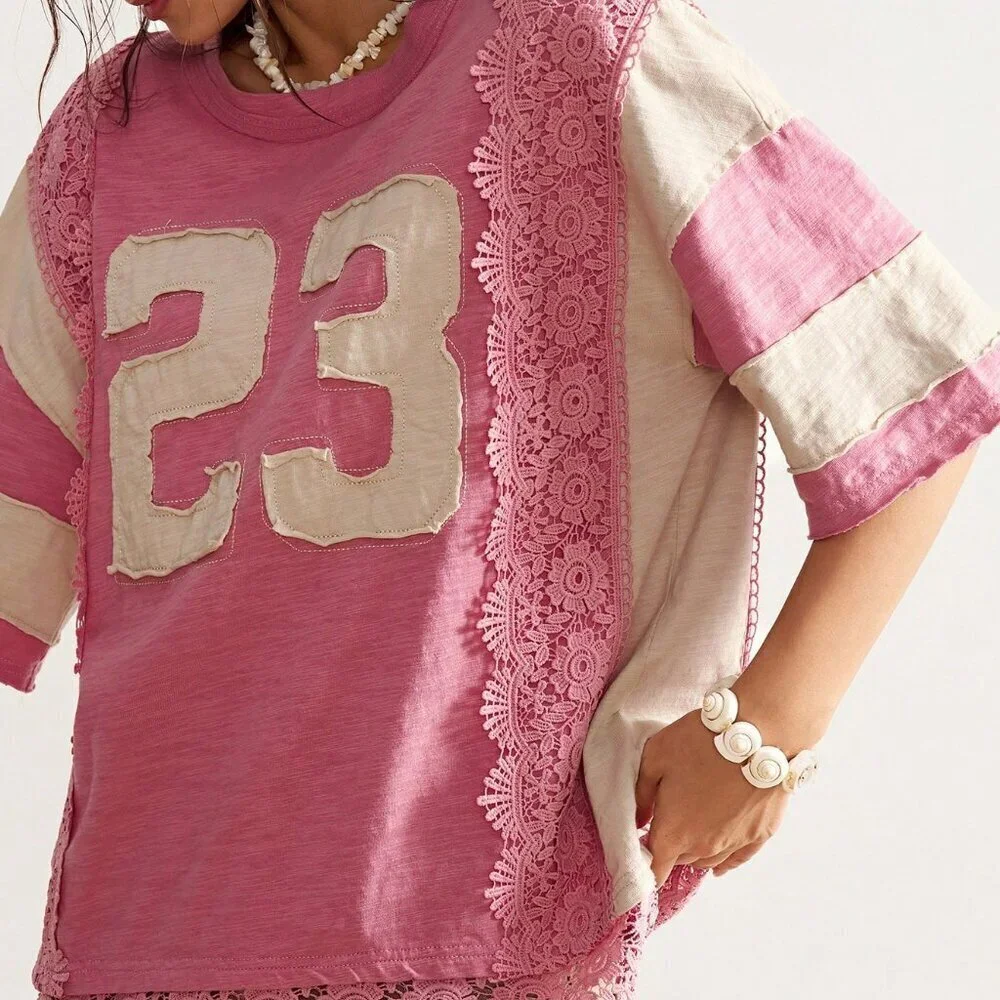 Pink Casual Women's Boho Lace Patchwork Round Neck Loose Washed tee shirt